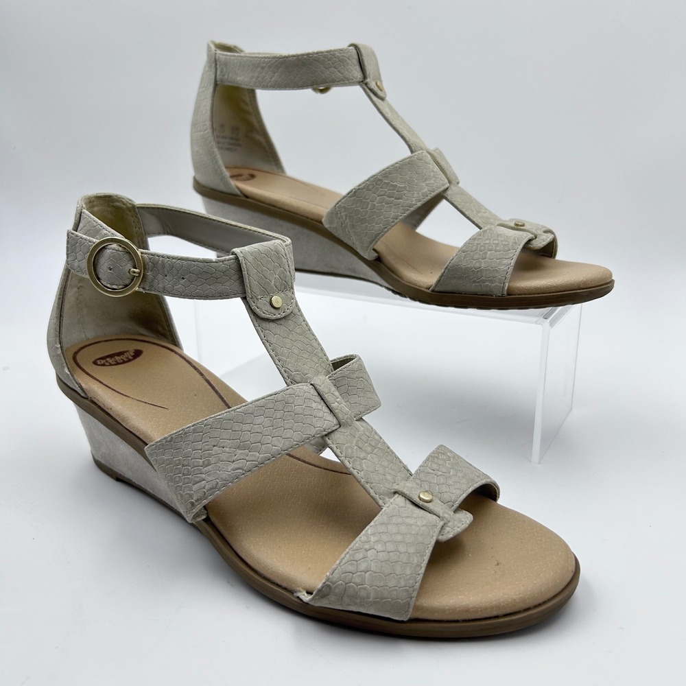 Dr. Scholl's Wedge Sandals Womens 7.5 Gray Snakeskin T-Strap Comfort Boho Summer